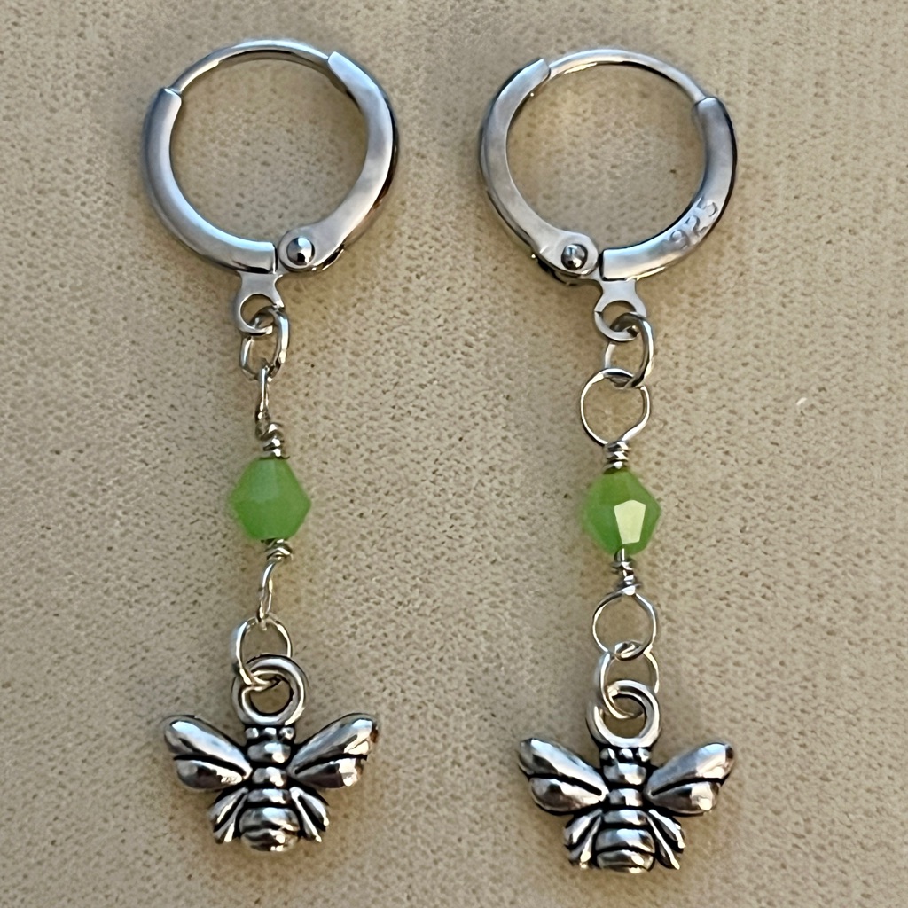 New Sweet Lime Green Crystal & Bee 925 Silver Hoop Earrings